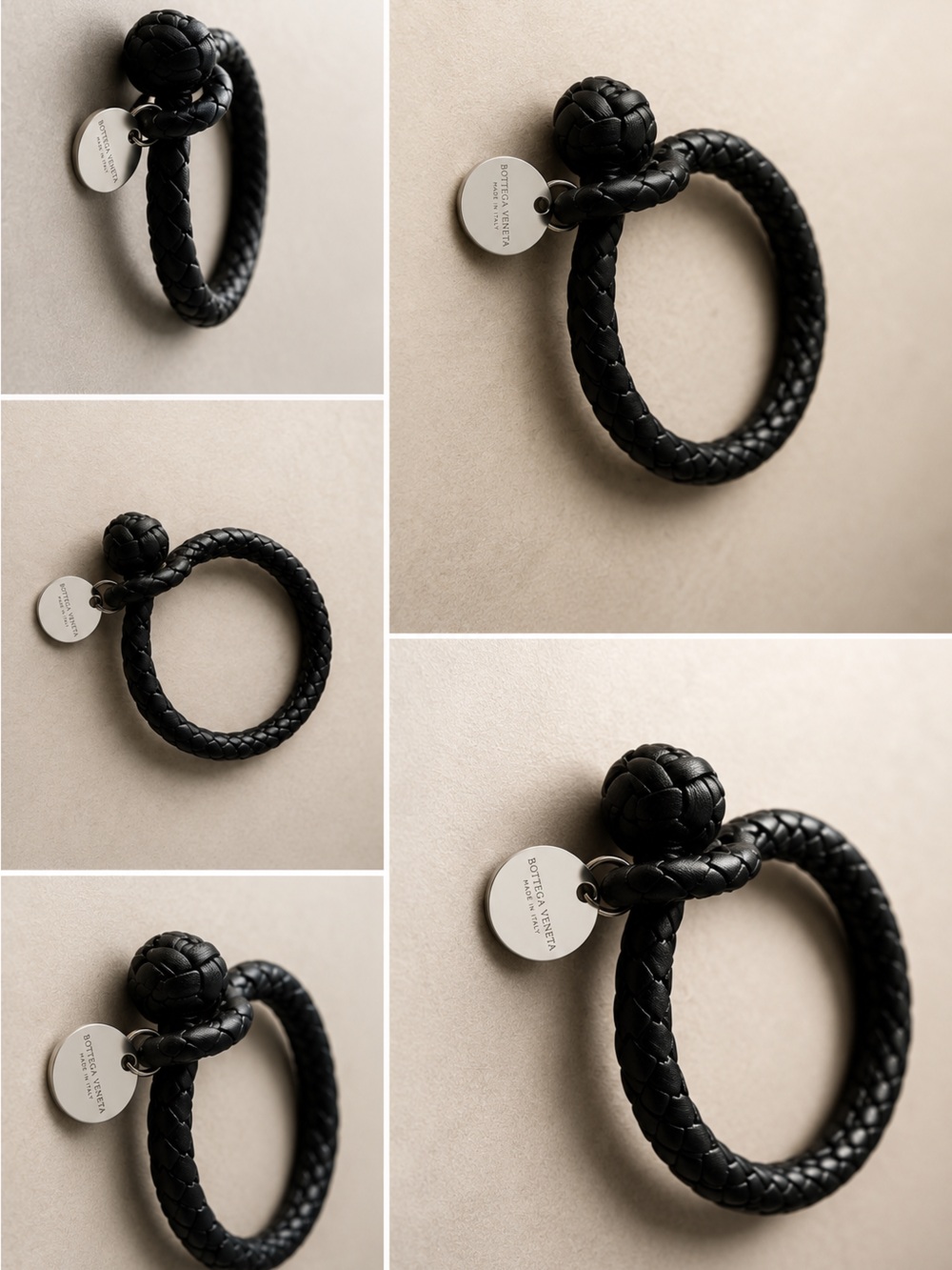 Bottega Veneta Black Intrecciato Braided Leather Knot Ring with Silver Logo Disc